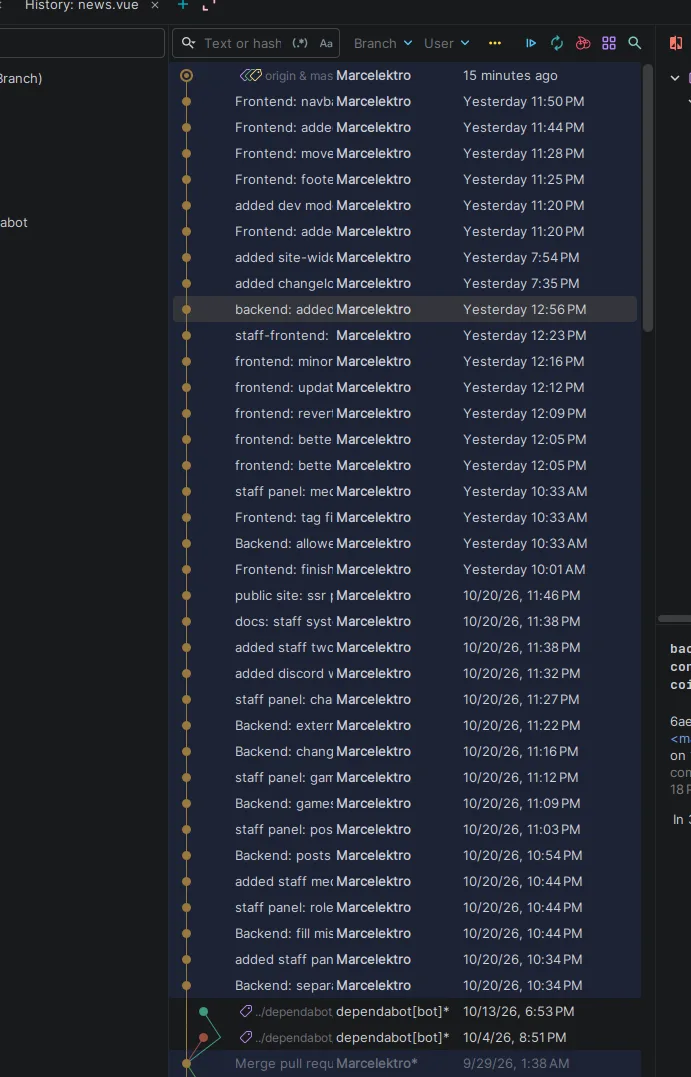 Screenshot of my git history of the past 2 days